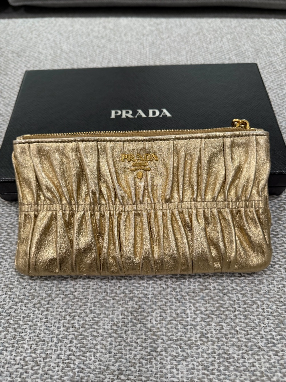 Prada Metallic Gold Ruched Leather Zip Clutch